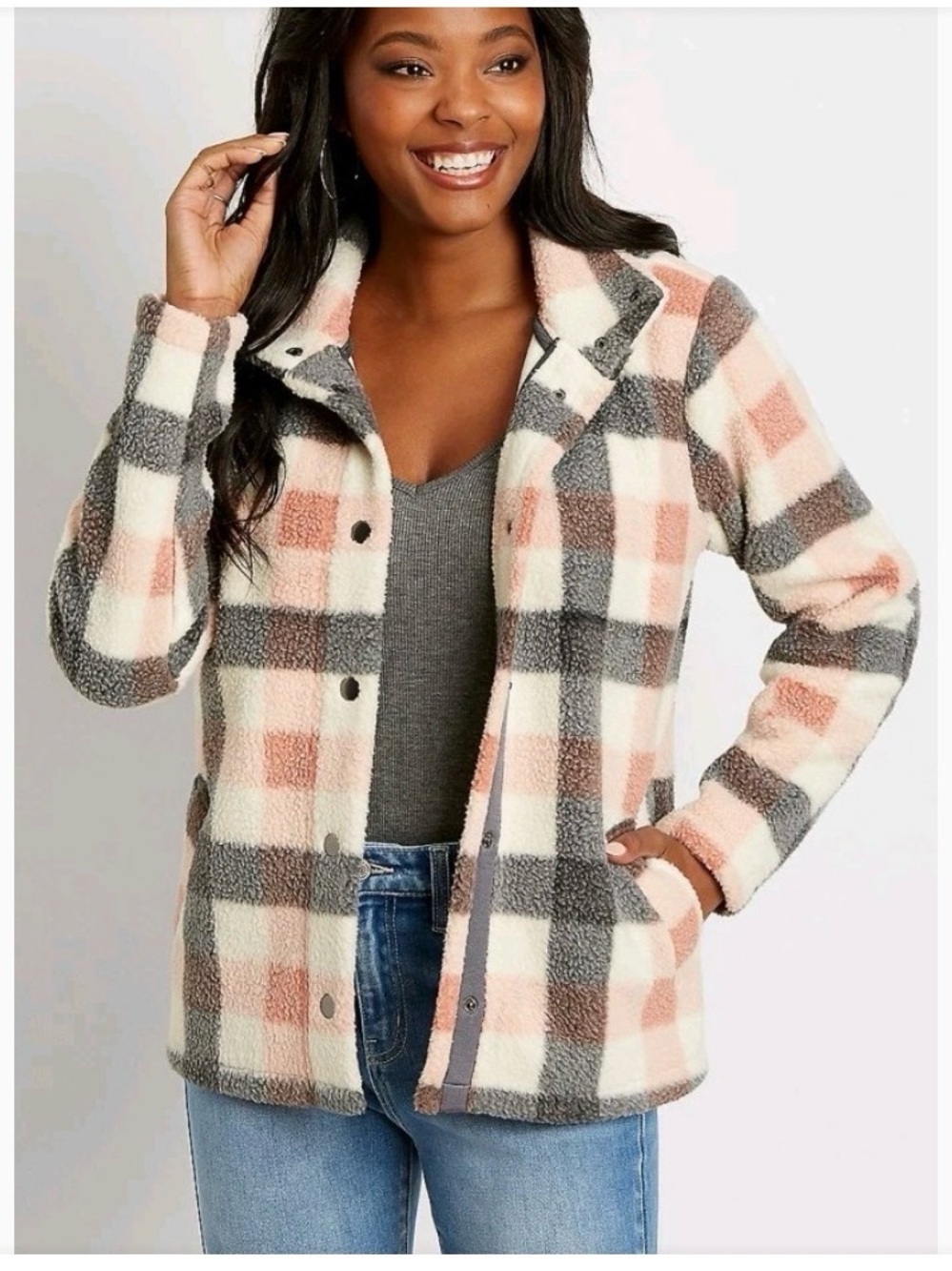 Maurices Kids Plaid Sherpa Jacket - Pink, Gray & White